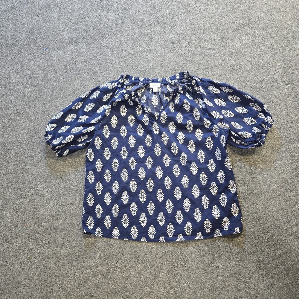 J Crew Top Womens XS Blue White Floral Short Sleeve Lightweight Career Casual